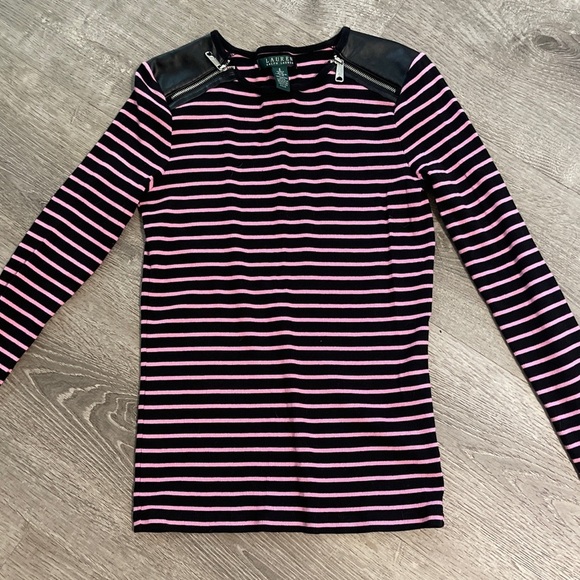 Ralph Lauren Tops - Ralph Lauren Pink and Black Striped Top w Leather /Zipper Detail Shoulder Small